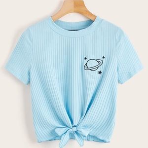Blue Ribbed Embroidered Tee